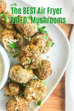 the best air fryer fried mushrooms are served with ranch dip and parmesan cheese