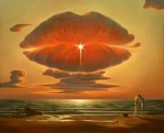 a painting of two people standing on the beach looking at an orange cloud in the sky