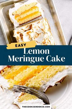 lemon meringue cake on a white plate with the title overlay reads easy lemon meringue cake