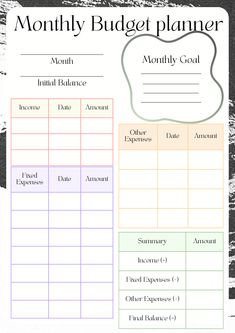 a printable budget planner with the words, money balance and other things to do