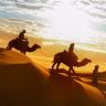 three people riding camels in the desert at sunset