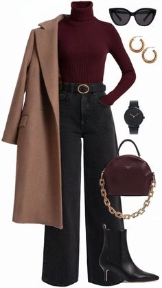 Winter Outfits Jeans Boots, Winter Boot Work Outfits, Winter Coats Outfits Women, Womens Burgundy Outfits, Outfit Ideas Winter Office, Burgandy Turtle Neck Outfits, 30s Winter Outfits, Wine Night Outfit Classy, Office Stylish Outfit