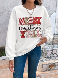 This stylish sweatshirt is perfect for festive celebrations. Featuring a classic drop shoulder design and printed Christmas pattern, this sweatshirt is super comfortable and cozy for all-day wear. With its plush fabric, you'll never want to take it off! Color : White Style : Casual Pattern Type : Letter Pattern Type : Flag Type : Pullovers Neckline : Round Neck Sleeve Length : Long Sleeve Sleeve Type : Drop Shoulder Length : Regular Fit Type : Loose Fabric : Slight Stretch Material : Knitted Fab Oversized Christmas Crew Neck Sweatshirt, Oversized Crew Neck Christmas Sweatshirt, Casual Christmas Sweatshirt With Letter Print, White Long Sleeve Holiday Sweatshirt, White Christmas Sweatshirt Relaxed Fit, Christmas Sweatshirt With Letter Print, Christmas Sweatshirt With Letter Print And Relaxed Fit, Christmas Sweatshirt With Letter Print In Relaxed Fit, Christmas Letter Print Sweatshirt In Relaxed Fit