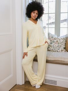 Unwind in style with our Bamboo Rib-Knit Classic Long Sleeve Pajama Pant. Designed for optimal comfort, these pants feature a relaxed fit and a rib-knit texture that adds a touch of luxury to your loungewear. The bamboo viscose material allows for breathability and a silky-smooth feel against your skin. With an elastic waistband for a customizable fit, these pants are perfect for a restful night's sleep or a lazy day of relaxation. Women's Bamboo Viscose Rib Knit Classic Pajama Pants in Pistachi Wide-leg Loungewear Bottoms With Elastic Cuffs, Wide-leg Loungewear Pants With Ribbed Waistband, Loungewear Full-length Pants With Ribbed Waistband, Loungewear Full-length Wide Leg Pants With Ribbed Waistband, Comfortable Wide-leg Sleepwear With Elastic Waistband, Classic Pajamas, Natural Bedding, Oprahs Favorite Things, Best Pajamas