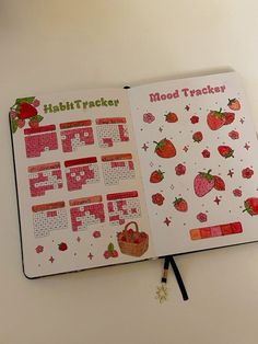 Strawberry Theme Journal, Cherry Bullet Journal Theme, Journal Content Ideas, Calendar Journal Ideas, Fruit Bullet Journal, Aesthetic Bujo Ideas, Strawberry Bullet Journal, Strawberry Planner, Ideas De Bullet Journal