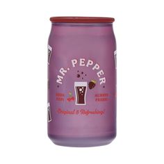 a purple glass jar with an image of a beer in it and the words mr pepper on