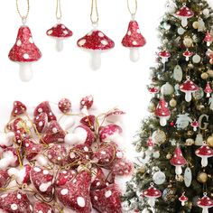 a christmas tree with red and white mushrooms hanging from it's sides next to other ornaments