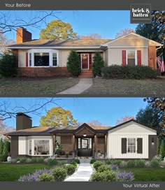 before and after pictures of a house with red shutters on the front, side and back windows