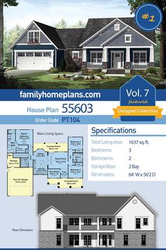 the front and back side of a house plan with two story, three car garage