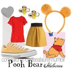 the pooh bear costume is ready to be worn by someone with an orange shirt and yellow skirt