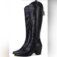 Women's Cowboy Knee High Wide Calf Square Toe Tall Riding Boots, Size 8, Black Nwt Product Details Sole Material: Synthetic Rubber Outer Material: Synthetic Leather Type Of Closure: Zipper About This Article Western Cowboy Boots Features: Faux Leather Upper, Square Toe, Stacked Chunky Heel, Full Length Back Zipper, Solid Color, 2.8 Inch Heel, Autumn Winter Knee High Boots. Calf: The Calf Of These Boots Are Designed To Fit Women Of Many Sizes. The Calf Is Made Slightly Wider To Accomplish That. M Western Style Black Knee-high Boots Medium Width, Black Western Knee-high Boots Medium Width, Winter Knee-high Boots For Rodeo, Black Western Style Knee-high Boots Medium Width, Western Riding Boots For Winter, Western Winter Riding Boots, Black Knee-high Boots For Rodeo In Fall, Black Knee-high Boots For Rodeo, Wide Calf Knee-high Boots For Rodeo In Winter