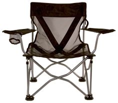 a black and white folding camping chair with mesh seat covers on the armrests