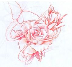 a pencil drawing of a rose and butterfly