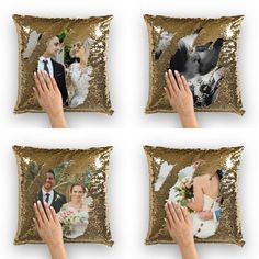 four pillows with gold sequins on them and two hands holding the same pillow