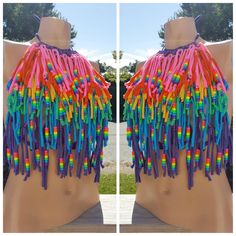 Festival Outfits Diy, Diy Festival Clothes, Kandi Bra, Diy Festival Outfit, Diy Rave Outfits, Rave Outfits Diy, Outfit Edc, Rainbow Fringe, Rave Outfits Festivals