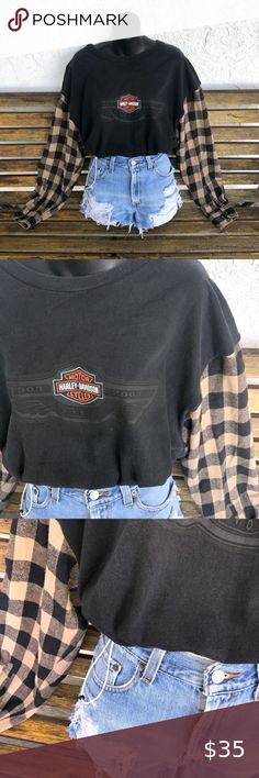 Harley Davidson | Cropped Long Sleeve Black Top with attached Flannel sleeves reworked items are all cut, measured, and sewed by me. These are one of a kind pieces. If there’s multiple sizes it’s due that the item can fit more then one size. Men’s XL due to cropping size changed. Adjustable waist band   ▪️BUT PLEASE NOTE THERE IS ONLY ONE ITEM.  ▫️Best Fit For A Size: M - L ▫️Pit to Pit: 19” ▫️Full Length: 17 1/2” ▫️Condition Preloved and Reworked On Harley-Davidson Tops Tees - Long Sleeve Harley Davidson Fashion For Women, Harley Davidson Outfits, Cropped Long Sleeve, Harley Davidson Women, Black Long Sleeve Top, Outfits Ideas, Black Top, Waist Band