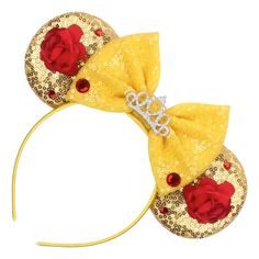 a yellow and red minnie mouse ears headband with roses on the front, gold sequin