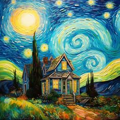 a painting of a house with a starry night in the background