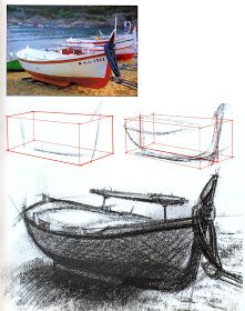 an image of a boat being sketched on the beach and then drawn with colored pencils