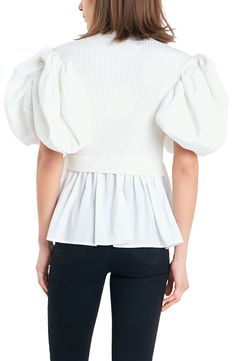 Pull together a playfully head-turning look in one easy step with this top that pairs a stretchy ribbed bodice with the contrasting woven fabric of its gathered hem and substantial puffed sleeves. Mock neck Elbow-length sleeves 50% rayon, 22% nylon, 28% polyester with 80% cotton, 20% nylon Hand wash, dry flat Imported English Factory, Puff Sleeve Crop Top, Grey Blouse, Mock Neck Top, Puff Sleeve Blouse, Puffed Sleeves, Puff Sleeve Top, Elbow Length Sleeve, Easy Step