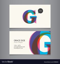 a business card with the letter g and an abstract design in blue, pink, green,