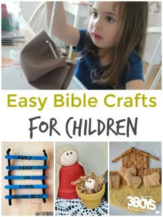 the cover of an easy bible crafts for children book with pictures of toys and books