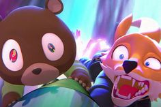 two cartoon characters are standing next to each other in front of a colorful background with an angry bear