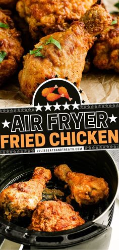 air fryer fried chicken in a pan with the title above it that says air fryer fried chicken