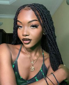 Cottagecore Hairstyles For Black Women, Dark Makeup On Black Women, Fox Locs Hairstyles For Black Women, Anime Lashes Black Women, Dark Skin Makeup Look, Bandana Hairstyles Black Women, Bright Under Eye Makeup Black Women, Faux Locs Aesthetic, Black Hair Braid Hairstyles