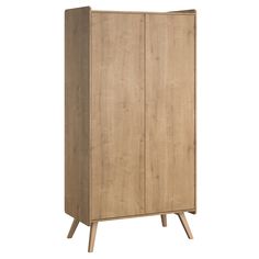 a wooden cabinet with two doors and three legs