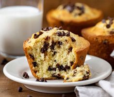 chocolate chip muffins on a plate next to a glass of milk