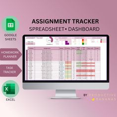 the assignment tracker spreadsheet dashboard is displayed on a computer screen with other tasks