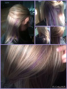 Purple In Blonde Hair, Brown Hair With Lavender Highlights, Purple Underlights, Purple Highlights Blonde Hair, Colored Streaks, Lilac Highlights, Hair Colors For Blue Eyes, Purple Hair Highlights