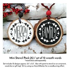 two christmas ornaments with the word merry on them