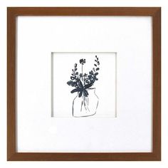 a drawing of flowers in a vase on a white background with a brown wooden frame