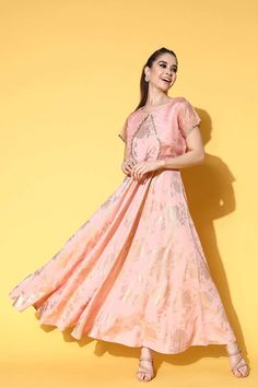 PEACH CREPE FLORAL PRINTED MAXI DRESS Festive Fitted Peach Dresses, Feminine Peach Short Sleeve Maxi Dress, Fitted Peach Maxi Dress With Short Sleeves, Maxi Dress Stores, Peach Crepes, Peach Top, Jacket Fabric, Casual Wear Dress, Print And Pattern