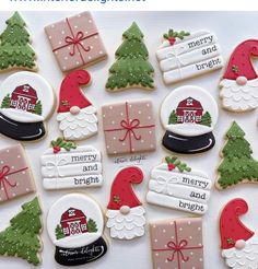 decorated christmas cookies with merry and bright sayings on the top, along with presents