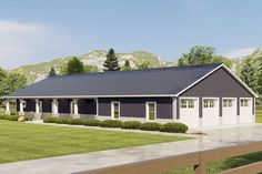 this is a computer rendering of a house with a metal roof and two car garages