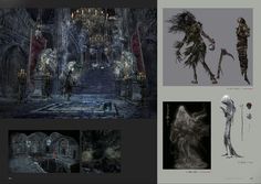 the concept art for an upcoming video game is shown in three different stages, including sketches and