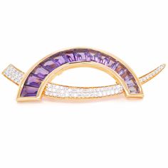 Elevate your style with the Signature 18K Gold "D" Channel-Set Amethyst Diamond Pendant Brooch, a versatile and elegant accessory that exudes sophistication and charm. Luxury Purple Brooches For Formal Occasion, Diamond Settings, Channel Set, Purple Hues, Elegant Accessories, Pendant Design, Stone Cuts, Baguette Diamond, Amethyst Gemstone