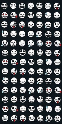 a bunch of skulls with different expressions on them