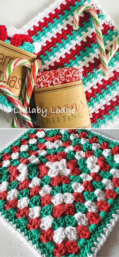 two crocheted christmas coasters with candy canes on top and one in the middle