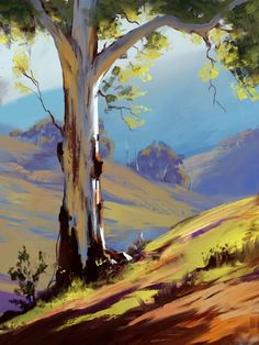 a painting of a tree in the mountains