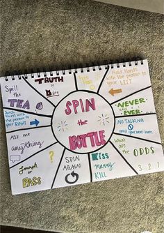 a spiral notebook with the words spin the bottle on it