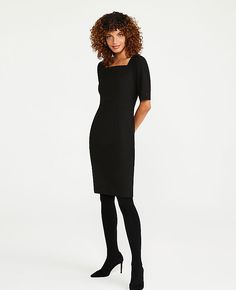 Elevate your wardrobe with the Petite Square Neck Sheath Dress by Ann Taylor, a testament to timeless elegance and comfort. This dress is designed to flatter with its expert seaming and classic square neckline, making it a perfect choice for professional settings or sophisticated social gatherings.

- Size: Petite 00
- Color: Black
- Material: Shell - 48% Polyester, 48% Viscose, 4% Elastane; Lining - 100% Polyester
- Gender: Female
- Key Features: Short sleeves with slit cuffs, hidden back zippe Chic Black Dress, Dress For Petite Women, Sheath Dresses, Knitted Suit, Dress Appropriately, Professional Wardrobe, Black Sheath Dress, Feminine Dress, The Square