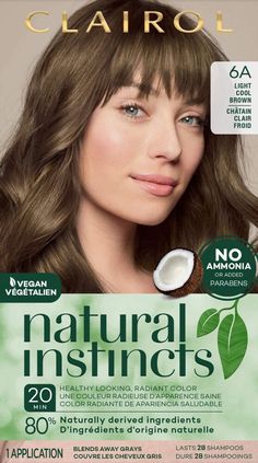 Clairol Natural Instincts demi-permanent hair dye for natural-looking, radiant color. Enhance your natural color, boost shine and blend away grays. Includes water, natural ingredients, and ingredients made from natural ingredients. Available in 38 natural shades, so you can find the black, brunette, blonde, or red hue that's totally you. This vegan* natural hair dye is formulated with zero ammonia or added parabens and lasts up to 28 shampoos. Color with low commitment. Discover your natural way Light Cool Brown Hair Color, Light Cool Brown Hair, Cool Brown Hair Color, Natural Hair Dye, Cool Brown Hair, Clairol Natural Instincts, Clairol Natural, Cool Brown, Demi Permanent