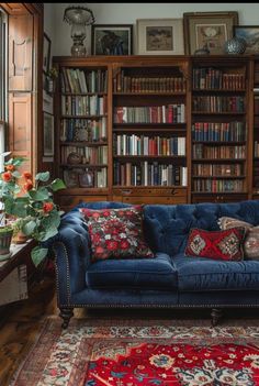 a blue couch sitting in front of a book shelf filled with lots of books next to a red rug