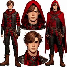 the character is dressed in red and black with a hood, cape, and boots