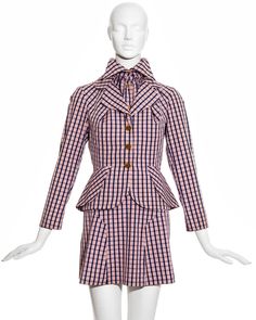 For Sale on 1stDibs - Vivienne Westwood red and blue checked cotton three piece suit comprising: halter neck blouse with high-neck pointed collar and draped bust, fitted blazer 1stdibs Vivienne Westwood, Vivienne Westwood Suit, Woman Code, Halter Neck Blouse, Vivienne Westwood Red, Teddy Boys, Fashion Victim, Three Piece Suit, Student Fashion