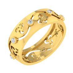 a yellow gold ring with hearts and diamonds on the inside, set against a white background